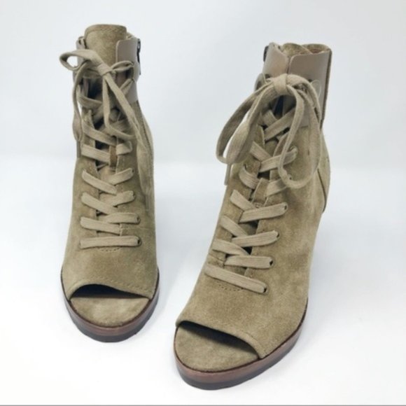 FRYE Booties Lace Up Combat Ankle Boots Heels Danica Peep Toe Olive Green New 6 - Picture 3 of 8